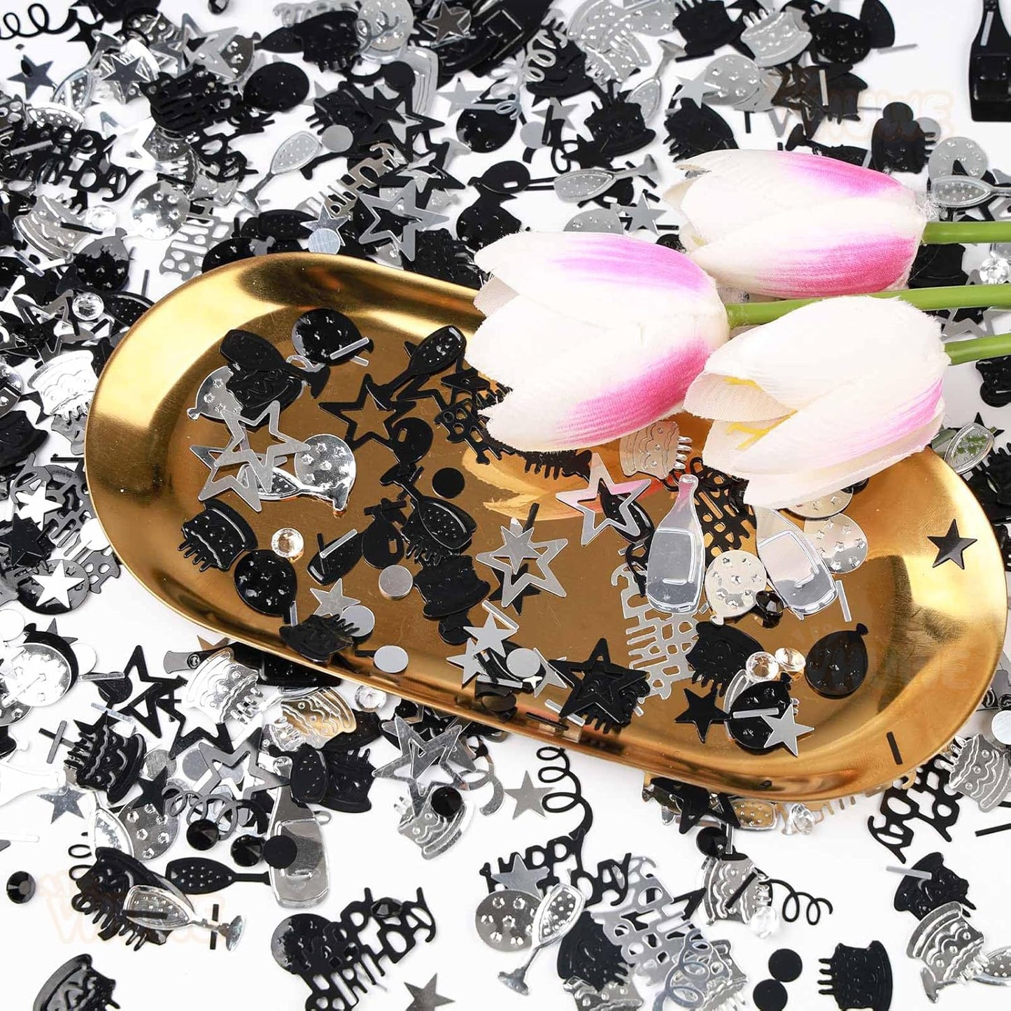 VHUWE Happy Birthday Confetti, 1.6 oz Black Silver Cake Balloon Star Goblet Bottle Confetti for Happy Birthday Party Decorations Boys Girls Kids Women Men Birthday Table Decorations | Black Silver