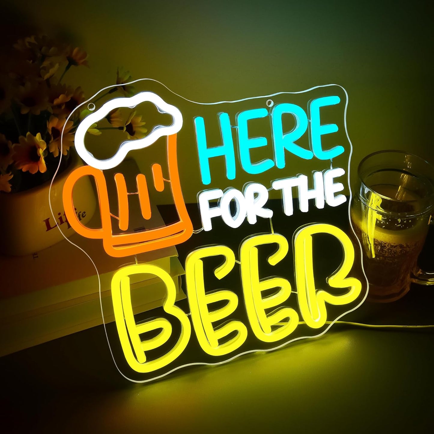 Here for The Beer Neon Sign for Wall Decor Beer Neon Light for Man Cave Dimmable LED Light Bar Pub Party Restaurant Christmas Birthday Gift Art Size 12.1 * 11.8In (WZCP163)