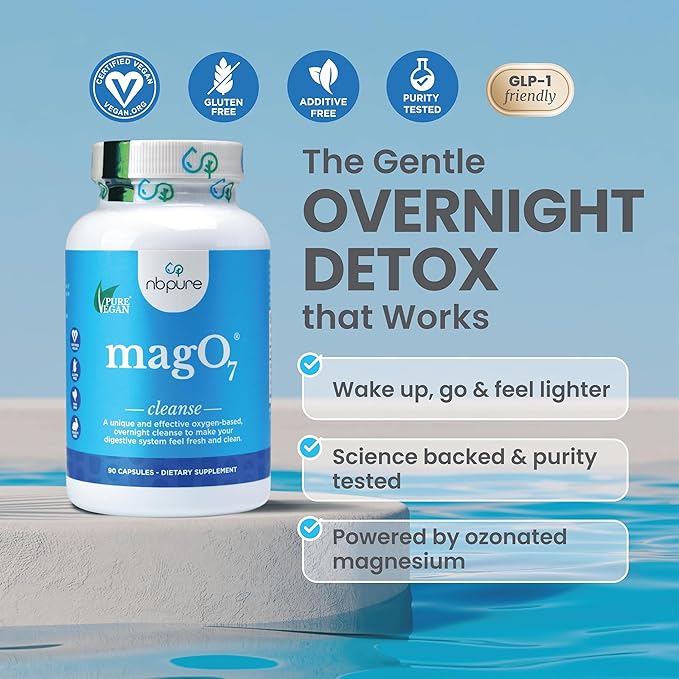nbpure MagO7 - Natural Colon Cleanse & Detox - Occasional Constipation Relief, Stool Softening, & Bloating Support for Men & Women - Ozonated Magnesium Oxide, 180 Capsules