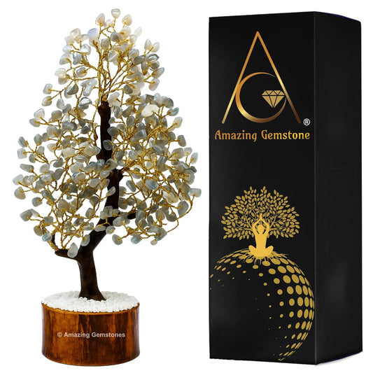 Amazing Gemstone Crystals and Healing Stones Birthday Gifts for Women - Grey Moonstone Crystal Tree of Life Home Decor Stocking Stuffers, Bookshelf, Room, Meditation Gift Mom, Unique Birthday Gifts