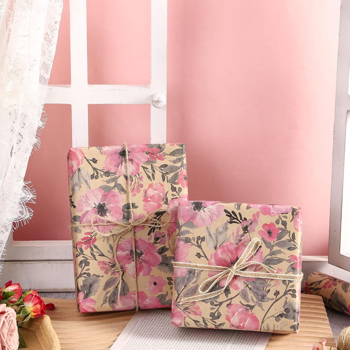 RUSPEPA Pink Flower Gift Wrapping Paper, 17 x 32.8 Feet, Mini Roll, Floral Gift Wrap Kraft Paper Roll for Women, Girls, Spring and Summer, Wedding and Bridal Shower