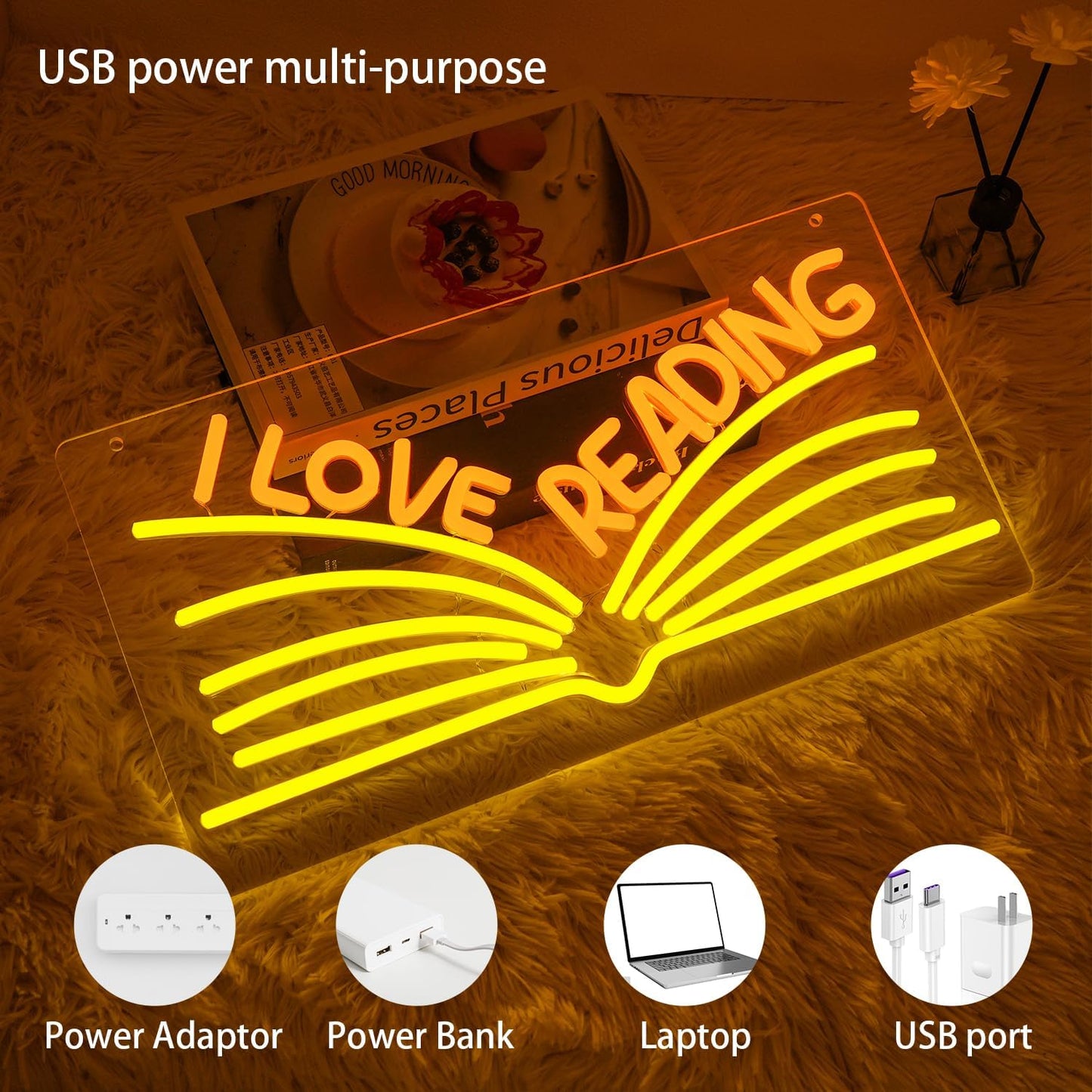 I Love Reading Neon Sign for Wall Decor, Yellow Read More Books Neon Light, Dimmable Classroom LED Light Up Sign for Classroom, Bookstore, Library, Bedroom
