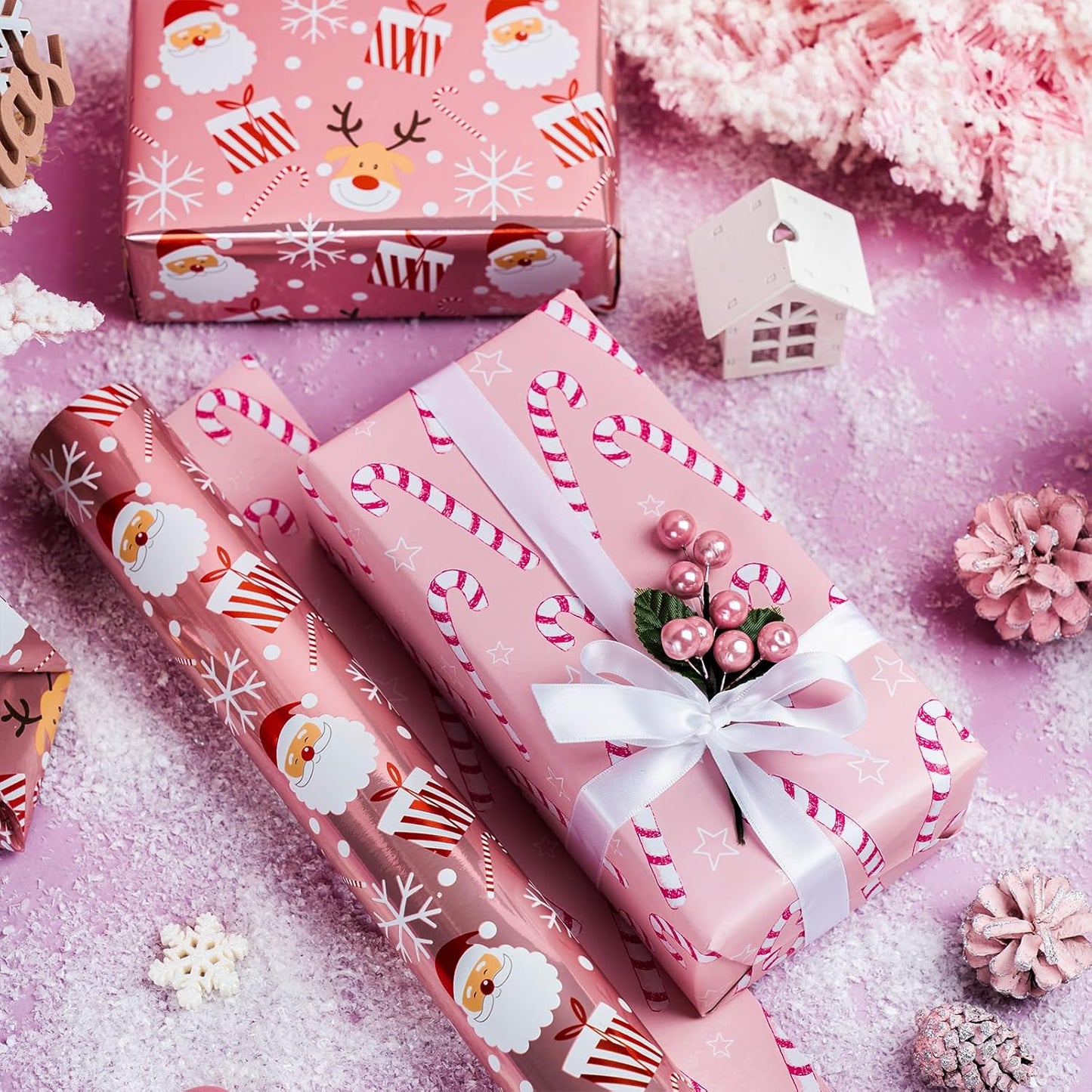 LeZakaa Christmas Pink Wrapping Paper Jumbo Roll, Santa Claus & Candy Cane, Metallic Foil, Rose Gold Foil Reversible Design for Festive Winter Holiday, Family Gathering, 30 inches x 100 Feet