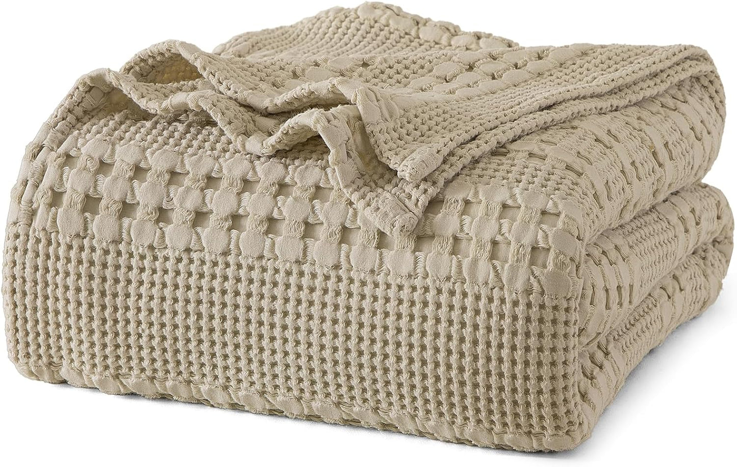 PHF 100% Cotton Waffle Weave Blanket King Size for Bed, Soft Lightweight & Breathable, All-Season Comfort, Luxury Aesthetic Woven Bedding for Home Decor, 108"x90", Khaki