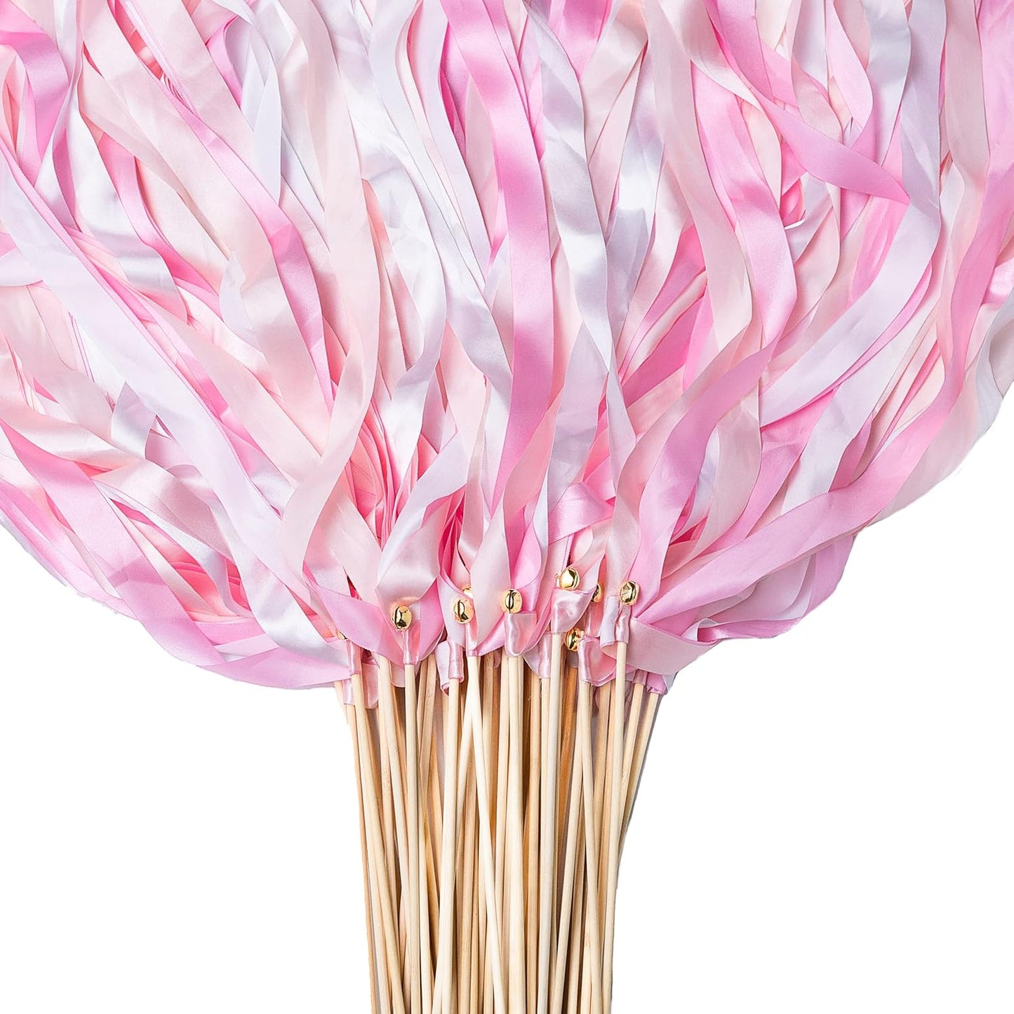 60 Pieces Wedding Colorful Ribbon with Bells, Party Ribbons Streamers Sticks Magic Wish Fairy Wand for Wedding Party Holiday Activities Favors (Pink-60)