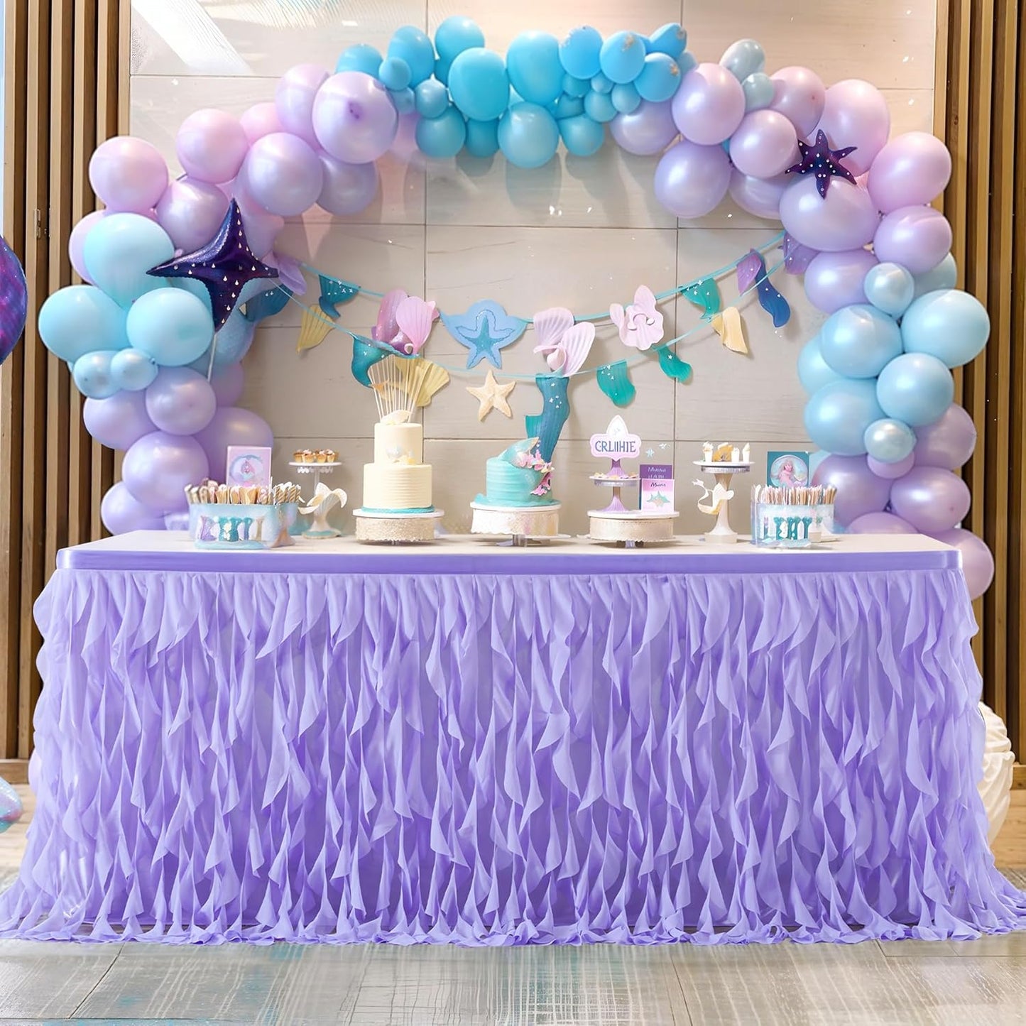 PARTISKY Lavender Purple Tulle Curly Willow Table Skirt for Rectangle Table 14ft, Ruffle Tutu Table Cloth for Girls Boys Baby Shower,Mermaid Birthday Party