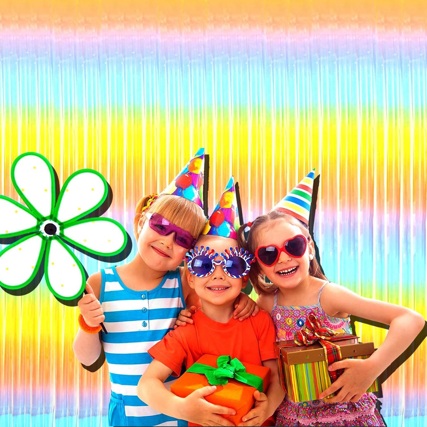 4 Pack Rainbow Foil Fringe Curtain Backdrop, 3.3Ft x 9.8Ft Colorful Metallic Tinsel Streamers Curtains, Wedding, Thanksgiving, Birthday, Christmas, Halloween Party Decoration