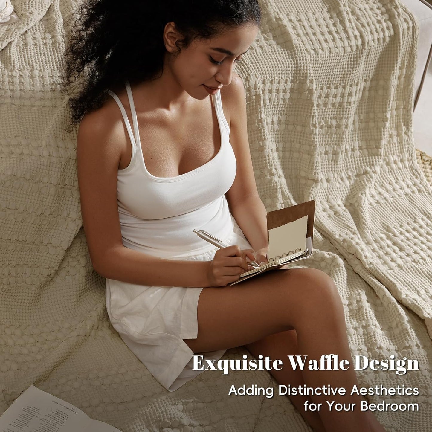 PHF 100% Cotton Waffle Weave Blanket King Size for Bed, Soft Lightweight & Breathable, All-Season Comfort, Luxury Aesthetic Woven Bedding for Home Decor, 108"x90", Khaki