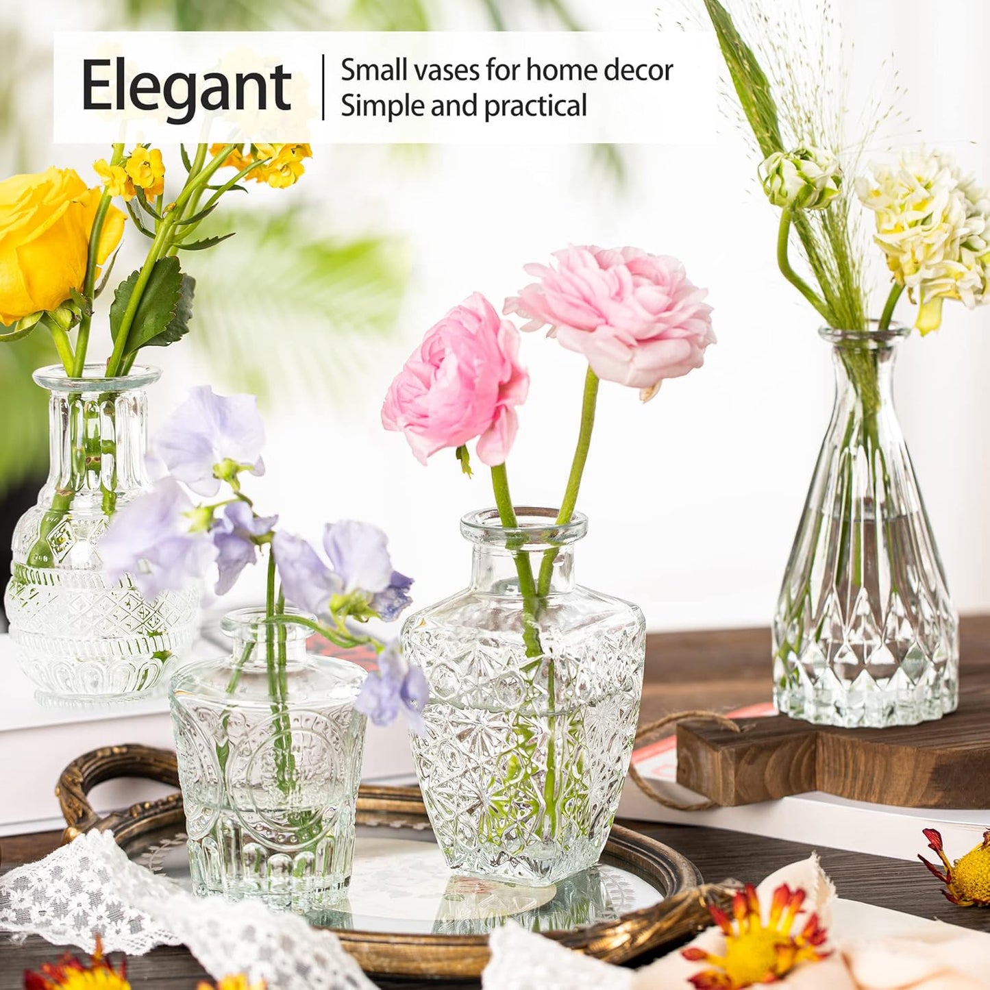 Vintage Small Vases for Flowers Set of 10, Mini Bud Vases for Flowers,Clear Small Vases in Bulk for Centerpieces Decorations,Wedding Party Home Coffee Table Flower Decor (Clear)