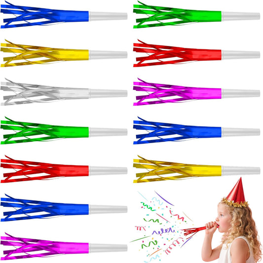 24 PC Multi Party Blowers for Adults Party Horns Birthday Blowers Noisemakers Blowouts Whistles Metallic Fringed Party Blower for Birthday Sporting Events Graduation
