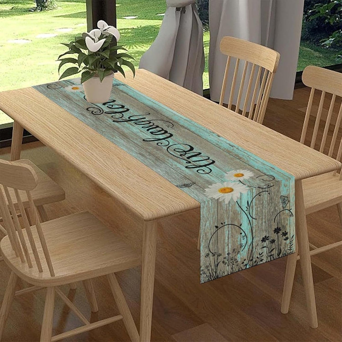 Farmhouse Table Runner, Rustic Wood Plank Spring Daisy Flower Retro Wooden Country Table Center Decor for Home Kitchen Dining Patio Holiday Party Indoor Outdoor Table Decorations, 13"x90" Inch