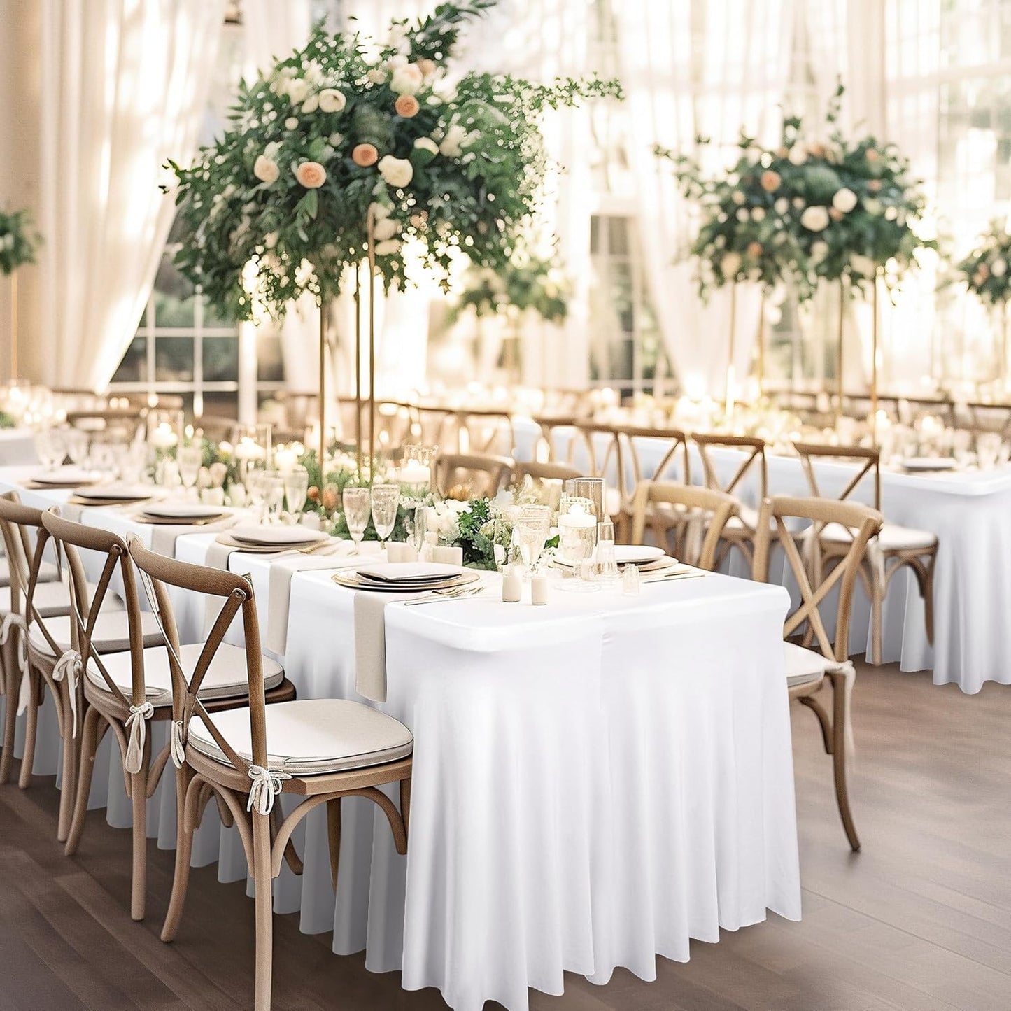 Wish Care 2 Pack White Spandex Table Clothes for 8 Foot Rectangle Tables, 8FT Wrinkle Free Fitted Tablecloths Ruffles Design Table Cover for Party, Banquet, Wedding and Events