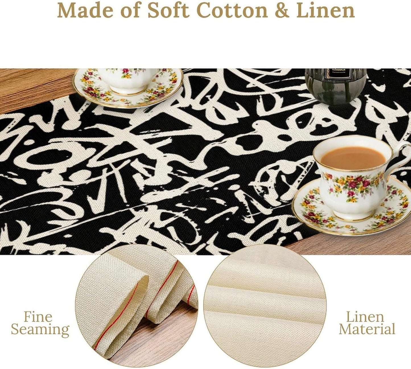 Graffiti Table Runner,Black White Abstract Messy Art Theme Pattern Print Tablecloth Burlap for Hotel Indoors Outdoor Dining Room Kitchen Home Decor,W13X L90 in