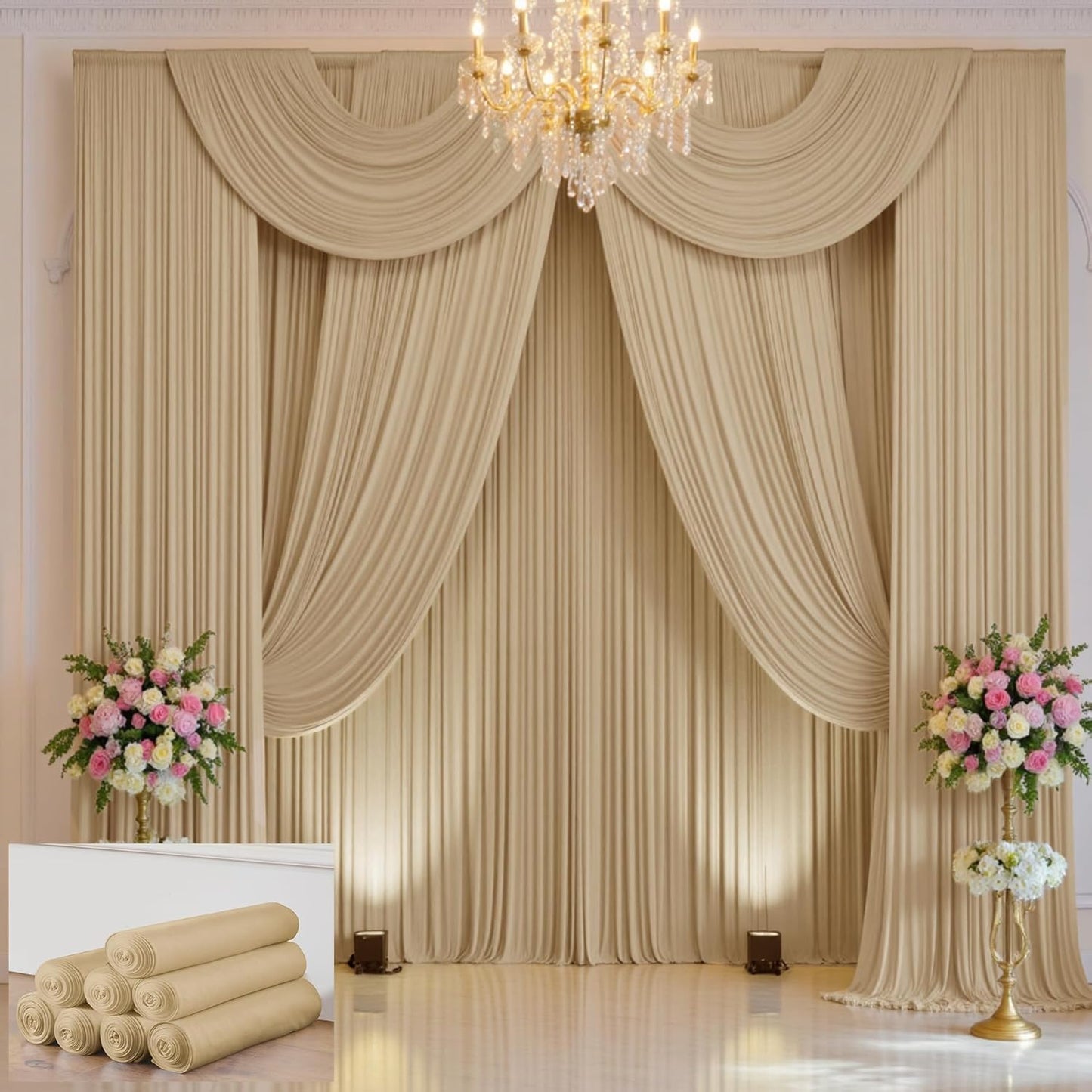 40×12 ft Wrinkle Free Beige Backdrop Curtain for Weddings Parties, 8 Panels 12ft Silky Polyester Wedding Drapes Backdrop Photo Back Drop Cloth for Birthday Baby Shower Photography Backgrounds