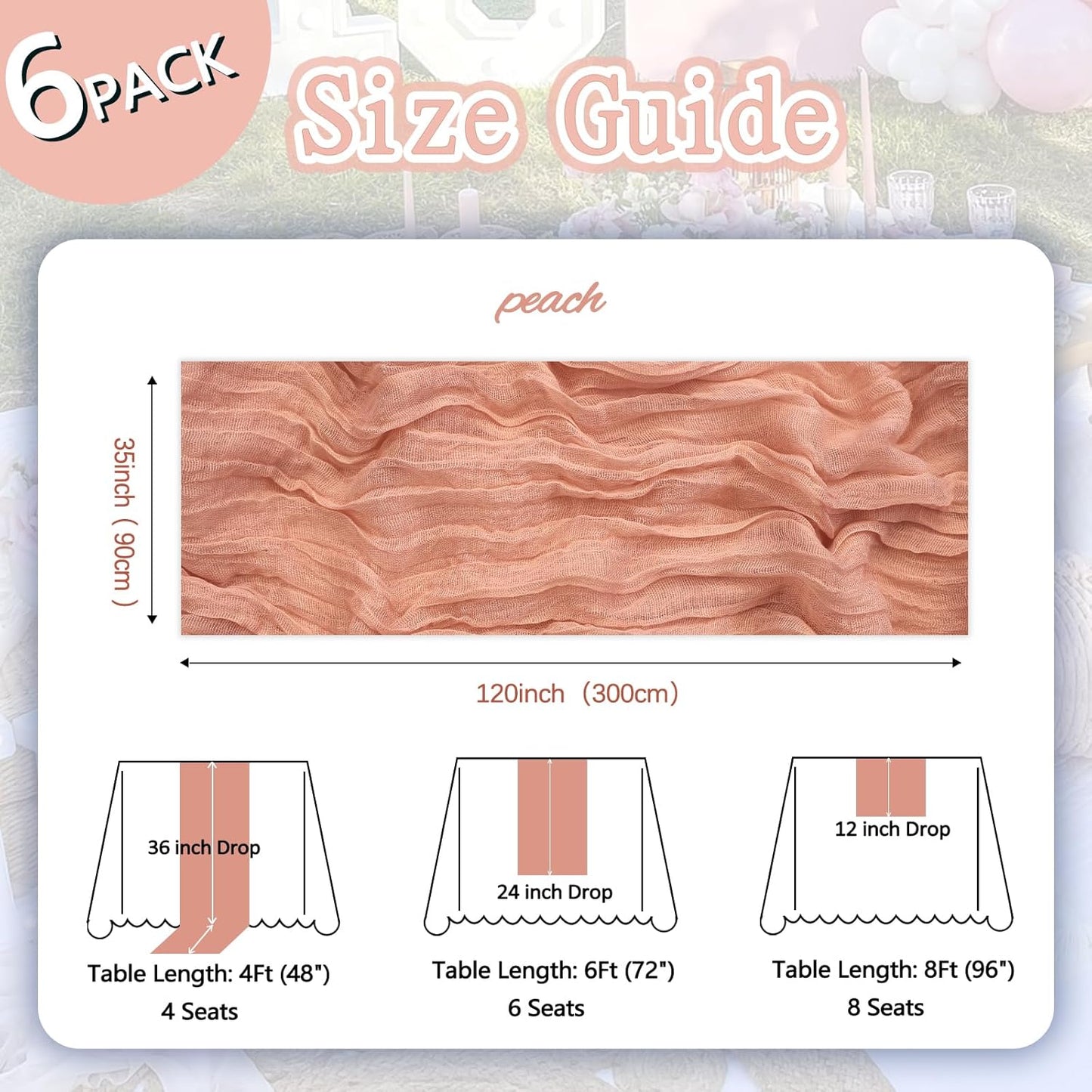 6 Pack Peach Cheesecloth Table Runner 10ft Boho Gauze Fabric Cheese Cloth Table Runner 35 x 120 Inch Rustic Sheer Runner for Romantic Wedding Decor Baby Shower Party Table Centerpiece Decoration