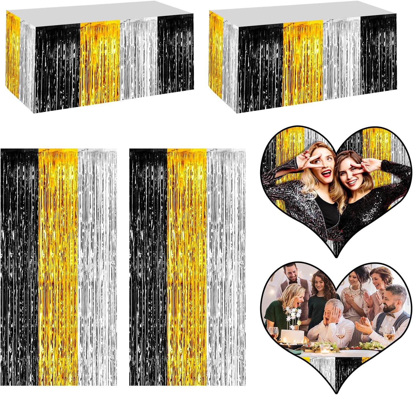 4P Metallic Foil Fringe Tinsel Table Skirts for Rectangle Tables Backdrop Banner Streamer Garland Curtains Parade Floats Wedding Graduation Anniversary Birthday Parties Decoration (Black Gold Silver)