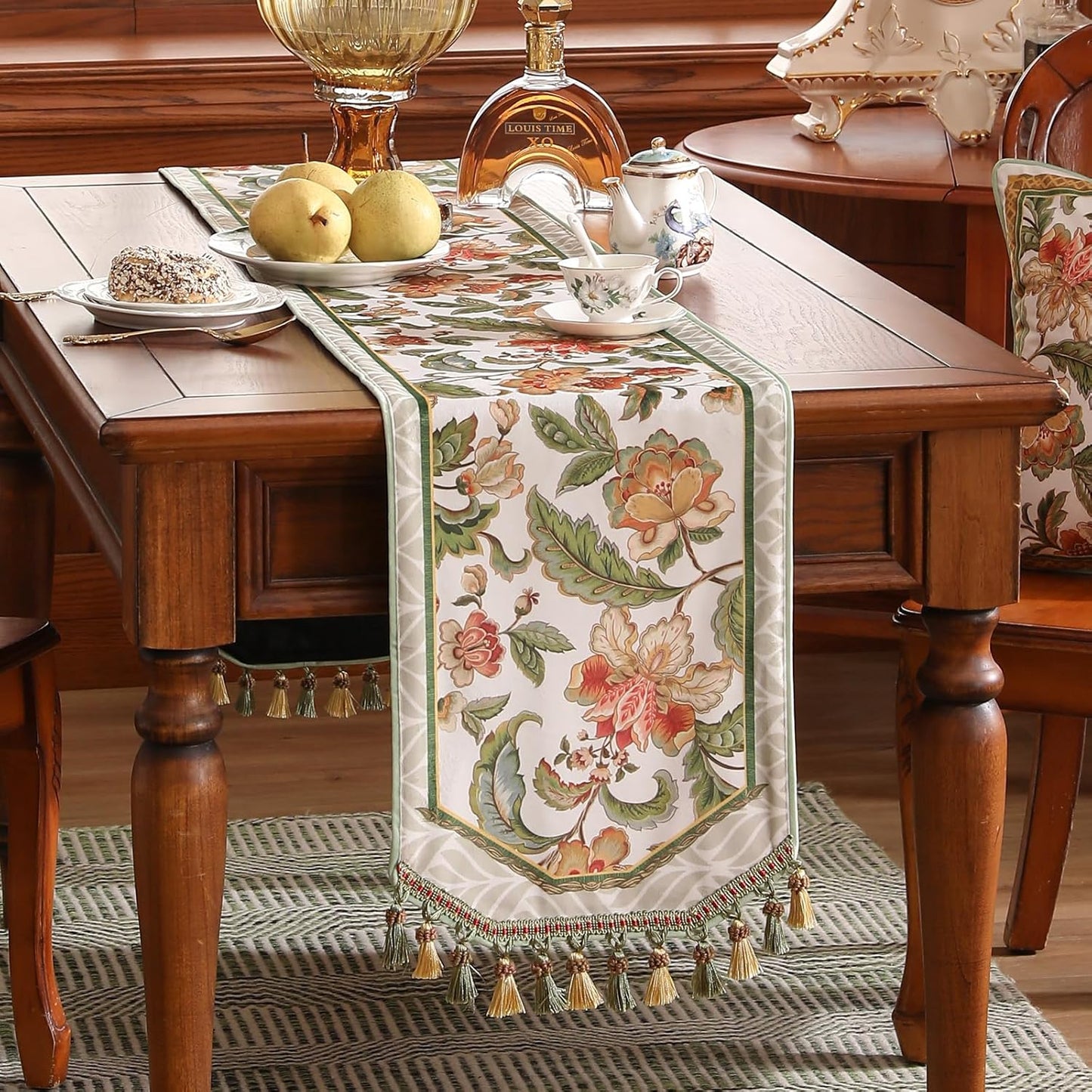 patdrea Designer Elegant French Floral Extra Long Velvet Table Runner,Green with Orange Blossoms Pattern Table Mat,Decoration for Kitchen Dining Coffee Table Cabinet Banquet Thanksgiving,12"*118"