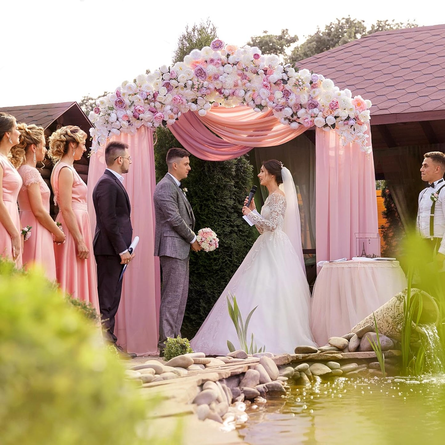 Wokceer Blush Pink Wedding Arch Draping Fabric Backdrop 4 Panels 28.7" X 20FT Sheer Drapes Fabric for Wedding Arbor Ceremony Party