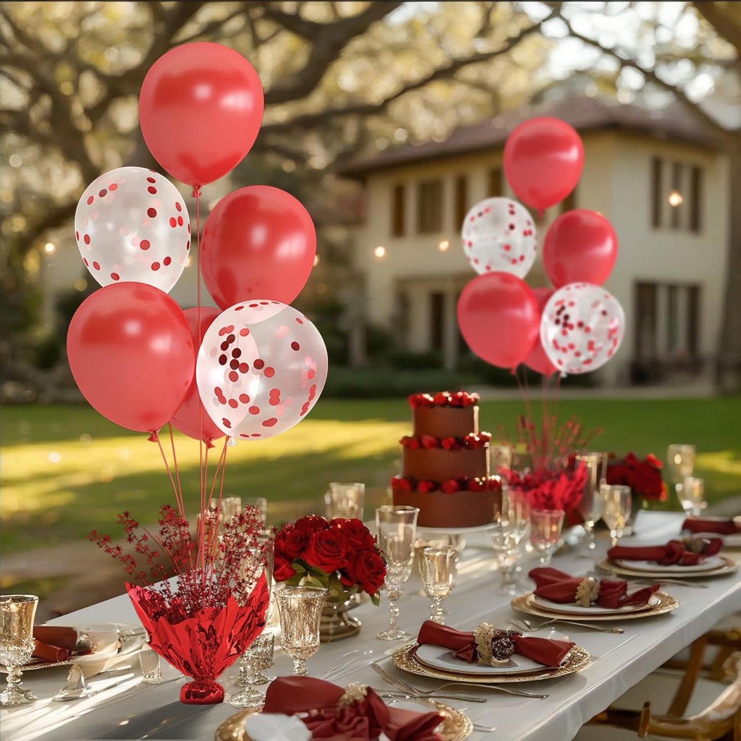2 Set Red Balloon Table Centerpieces for Birthday Parties, Balloon Stand Kit with Red White Balloons for Christmas Table Decoration