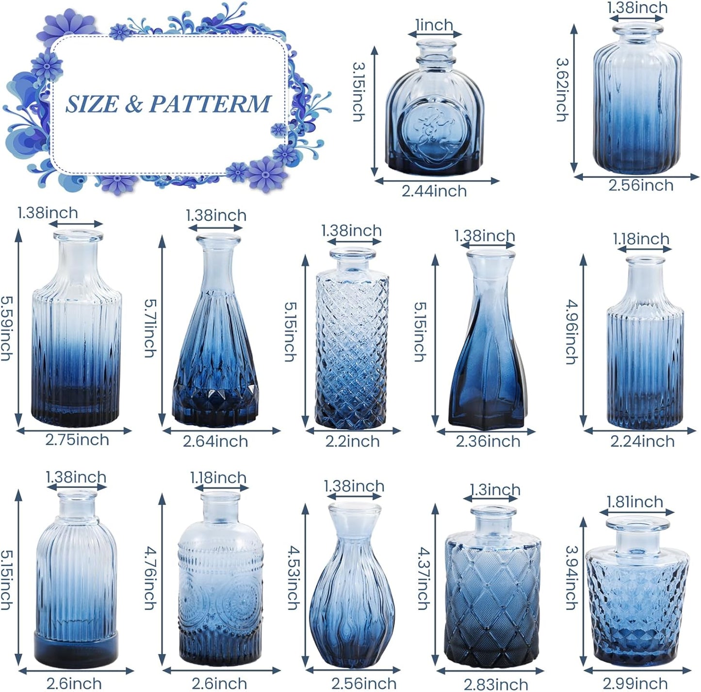 Navy Blue Glass Bud Vases Set of 12, Mini Flower Vase for Centerpieces, Small Glass Vases in Bulk for Wedding Decorations, Vintage Vase Bridal Shower, Party, Graduation, Home Table Décor