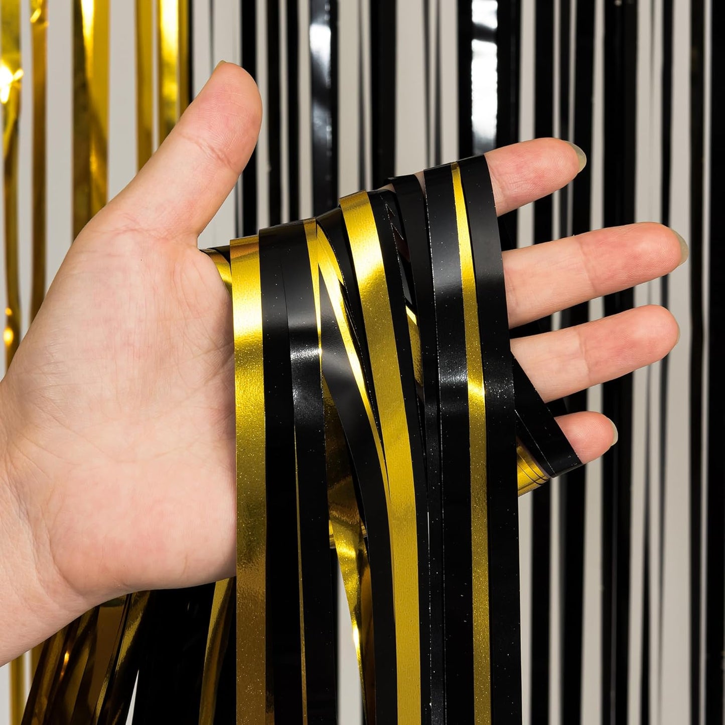 Black and Gold Party Streamers Decoration - GREATRIL Foil Fringe Backdrop for 2026 NYE/Anniversary/Farewell/Cocktail/Prom/EID/Birthdays - 3.2ft X 8.2ft - 2 Packs