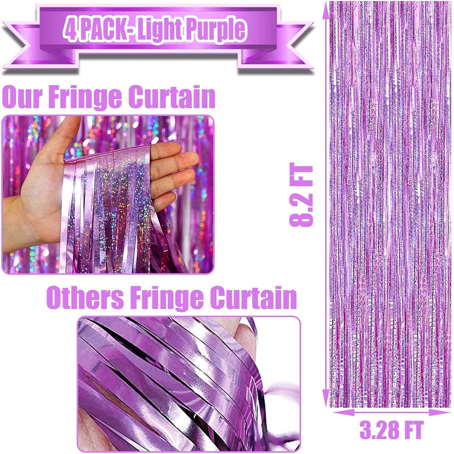 4 Pack Light Purple Tinsel Foil Fringe Curtain Backdrop, 3.28Ft x 8.2Ft Metallic Streamers for Photo Booth Wedding Bridal Shower Bachelorette Birthday Halloween Christmas Party Decoration