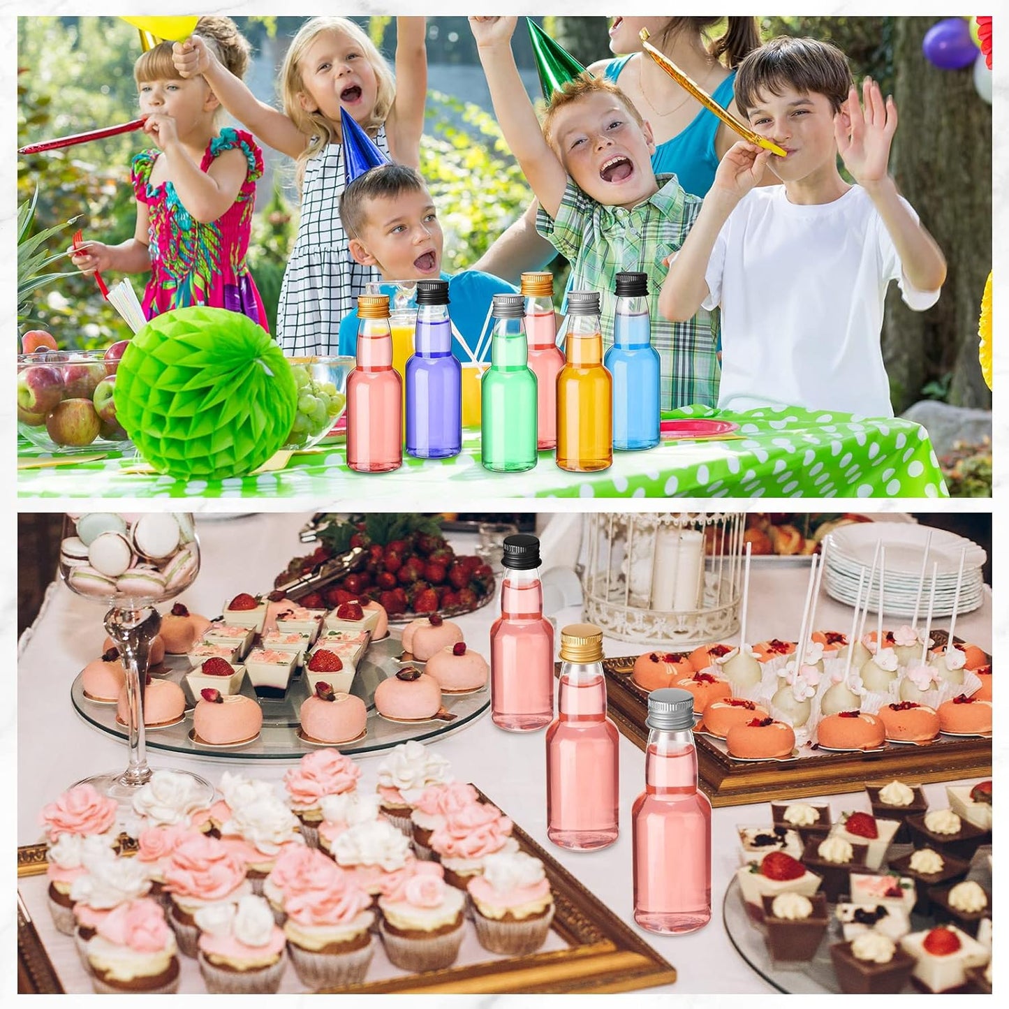 120 Pcs Mini Liquor Bottles Airtight Shot Miniature Empty Plastic Alcohol Spirit Shot Bottles with Funnels for Party Favors, Weddings(2 oz,Silver, Gold, Black)