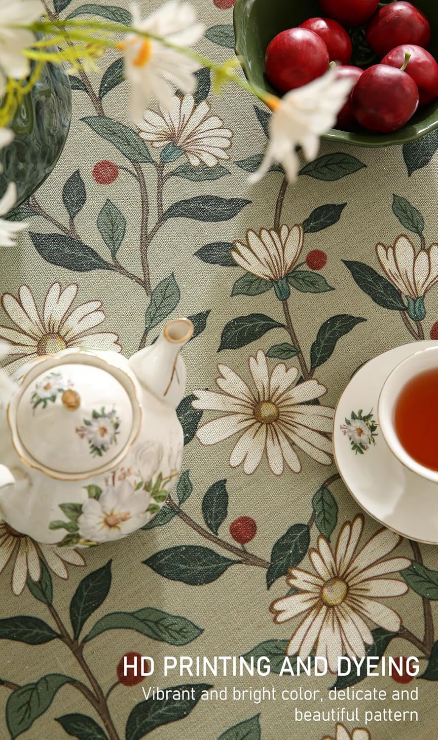 ISAENNE Designer Green Linen Small Round Tablecloth,Floral French Country Indoor Table Cloth,Stain Resistant Home Decor Tablecloths for Dining Kitchen Thanksgiving Party,Diameter 55"-Brune