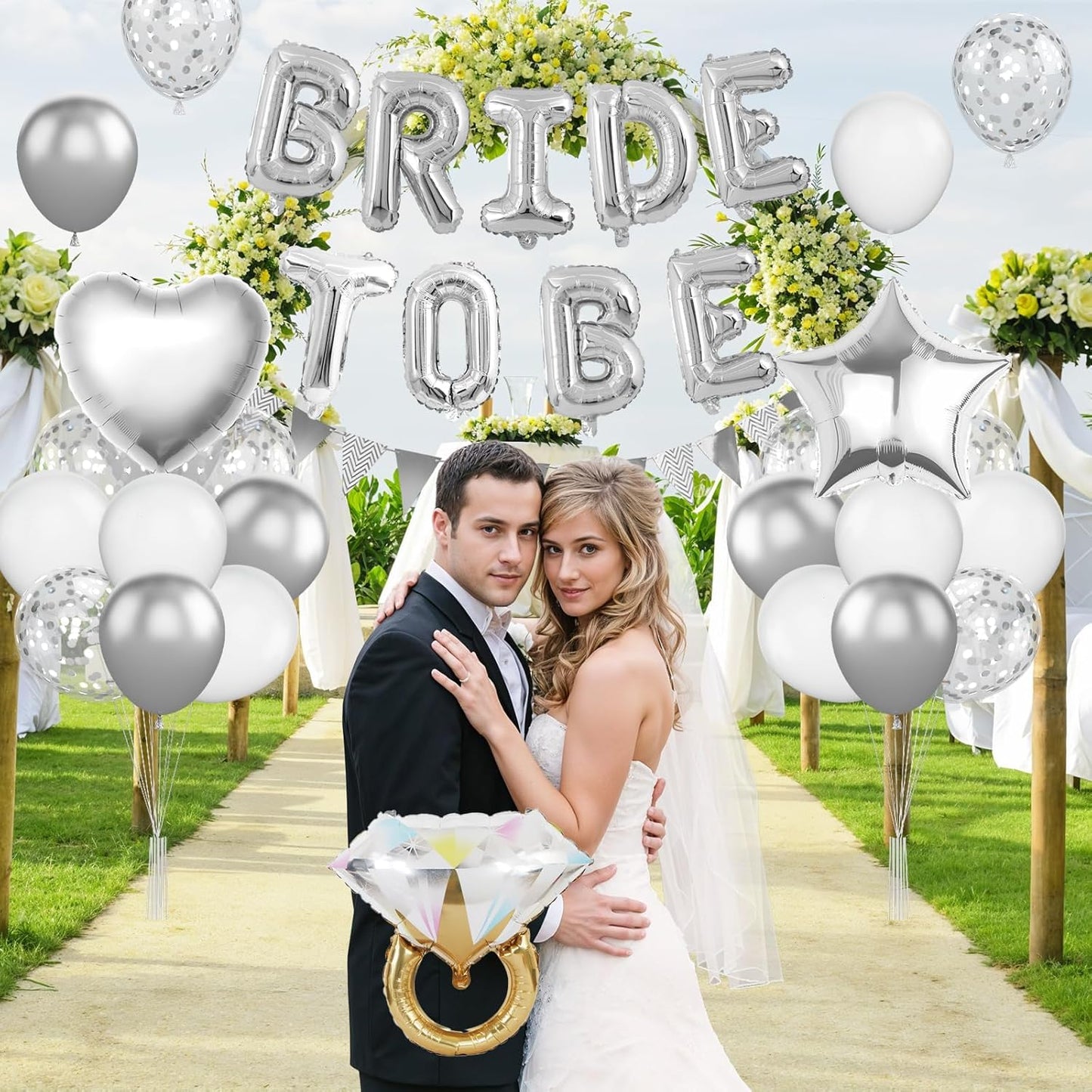 Silver Bachelorette Party Decorations, Silver Bride To Be Bridal Shower Balloons Decorations, Metallic White Balloon with Diamond Ring Star Heart Balloon for Bachelorette Engagement Wedding