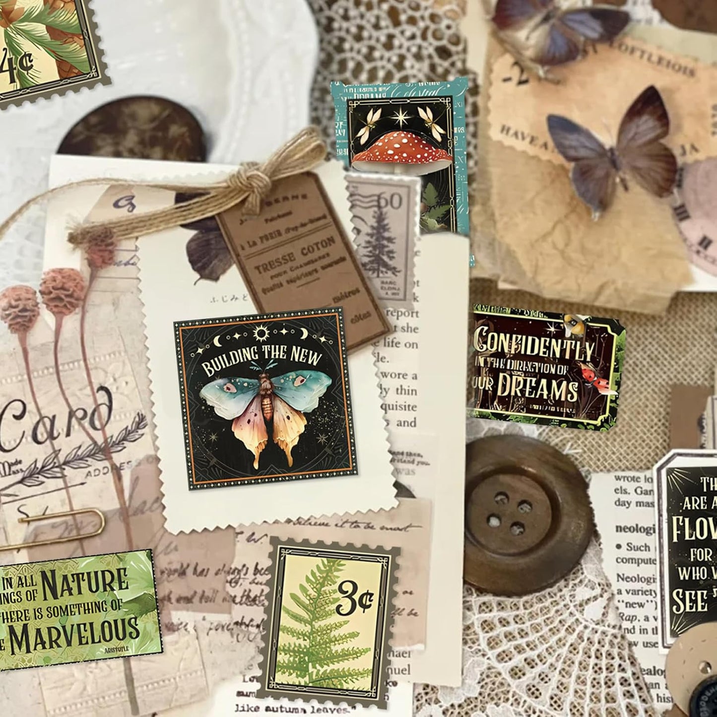 100 Pcs Postage Stamp Stickers, Aesthetic Insect Plants Decorative Stickers for Scrapbooking Bullet Journaling Planners DIY Calendars Notebook Junk Journal