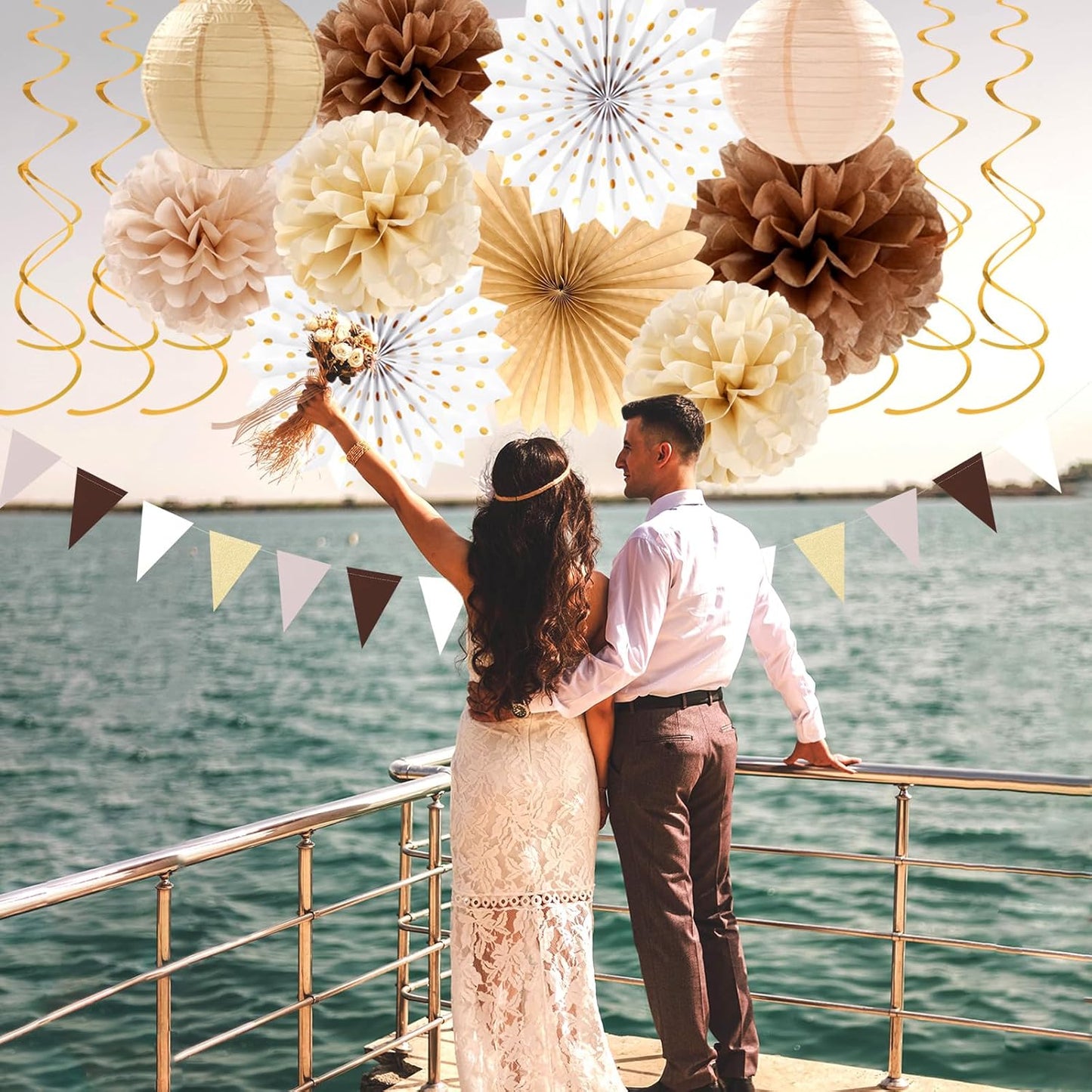 Boho Baby-Shower White-Brown Champagne Fall Party-Decorations - 33pcs Banner,Streamers Tassel Garland,Tissue Pom Poms Honeycomb,Paper Lantern Fan,Autumn,Bridal,Christmas,Birthday,Wedding Decor Hugtmr