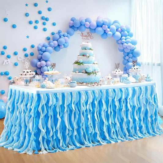 Partisky Ocean Blue Tulle Tutu Ruffle Curly Willow Table Skirt for Rectangle Table 14ft,Under The Sea Baby Shark Themed Table Cloth for Boys Girls Birthday Party or Baby Shower