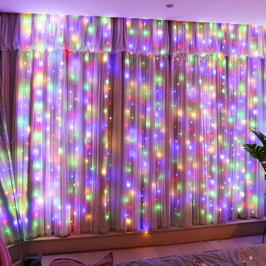 HXWEIYE 300LED Fairy Curtain Lights, 9.8x9.8Ft USB Plug-in 8 Modes Christmas String Hanging Lights with Remote for Bedroom Backdrop Wedding Party Indoor Wall Decor, Multicolor