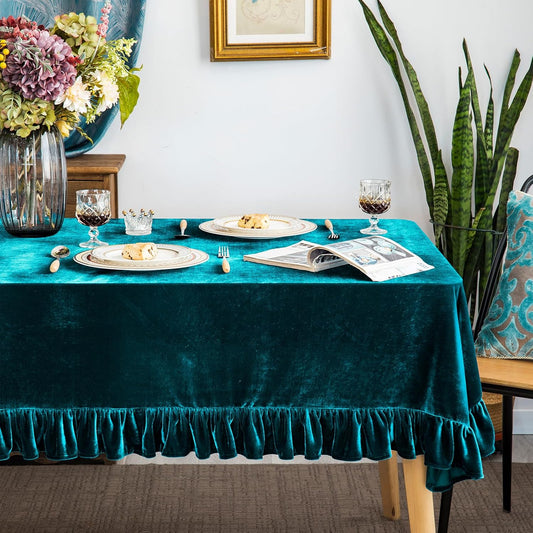 Velvet Tablecloth Luxurious Solid Rectangle Table Cloth,Oblong Retro Farmhouse Ruffle Tablecloths Washable Table Cover for Party Wedding Baby Shower Kitchen Dinning Tabletop Decoration