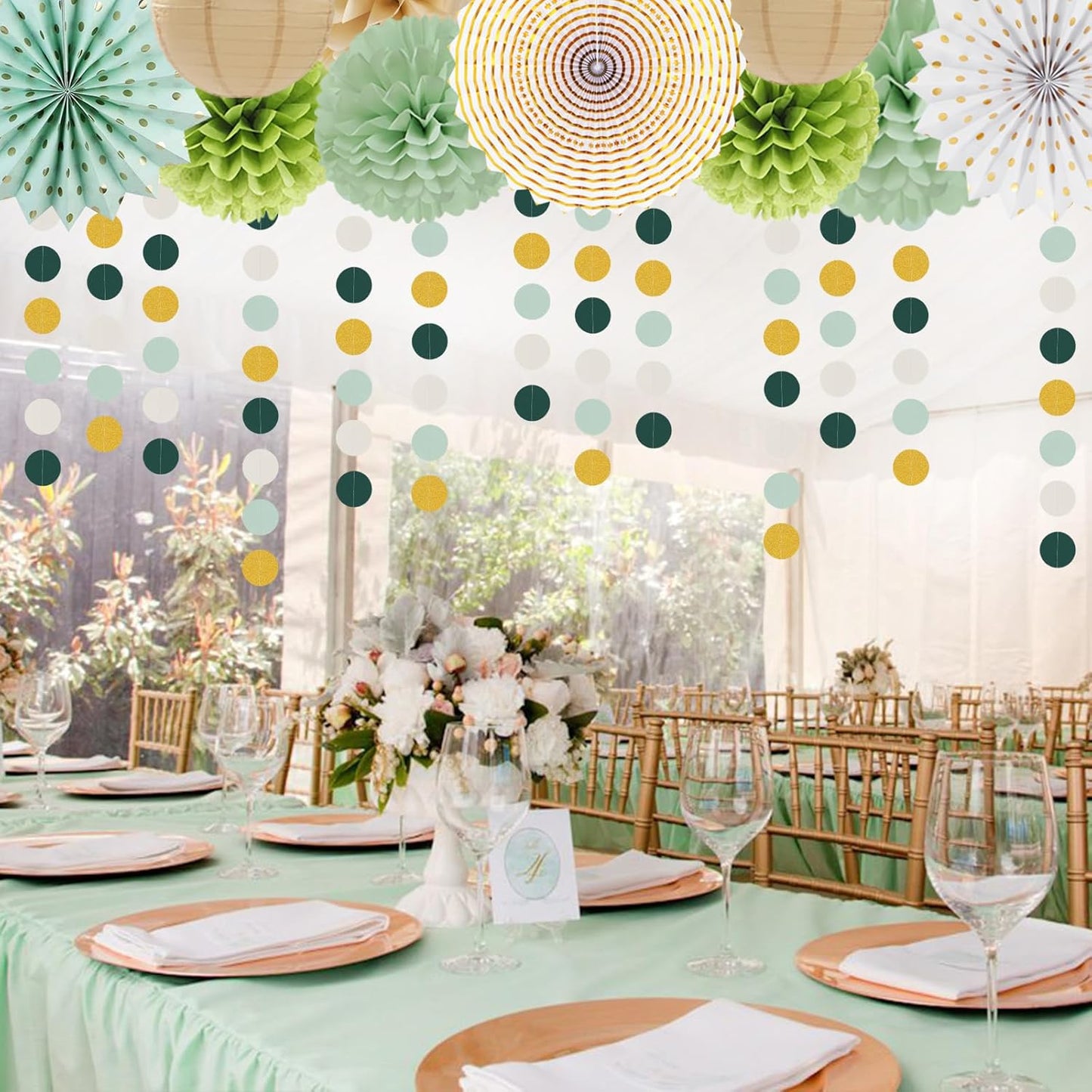 Sage-Olive Green Gold Brown Boho Party-Decorations - 33pcs Paper Lanterns Fan, Banner,Streamers Tassel Garland,Tissue Pom Poms,Baby Bridal Shower Birthday Wedding Bachelorette Engagement Decor Hugtmr