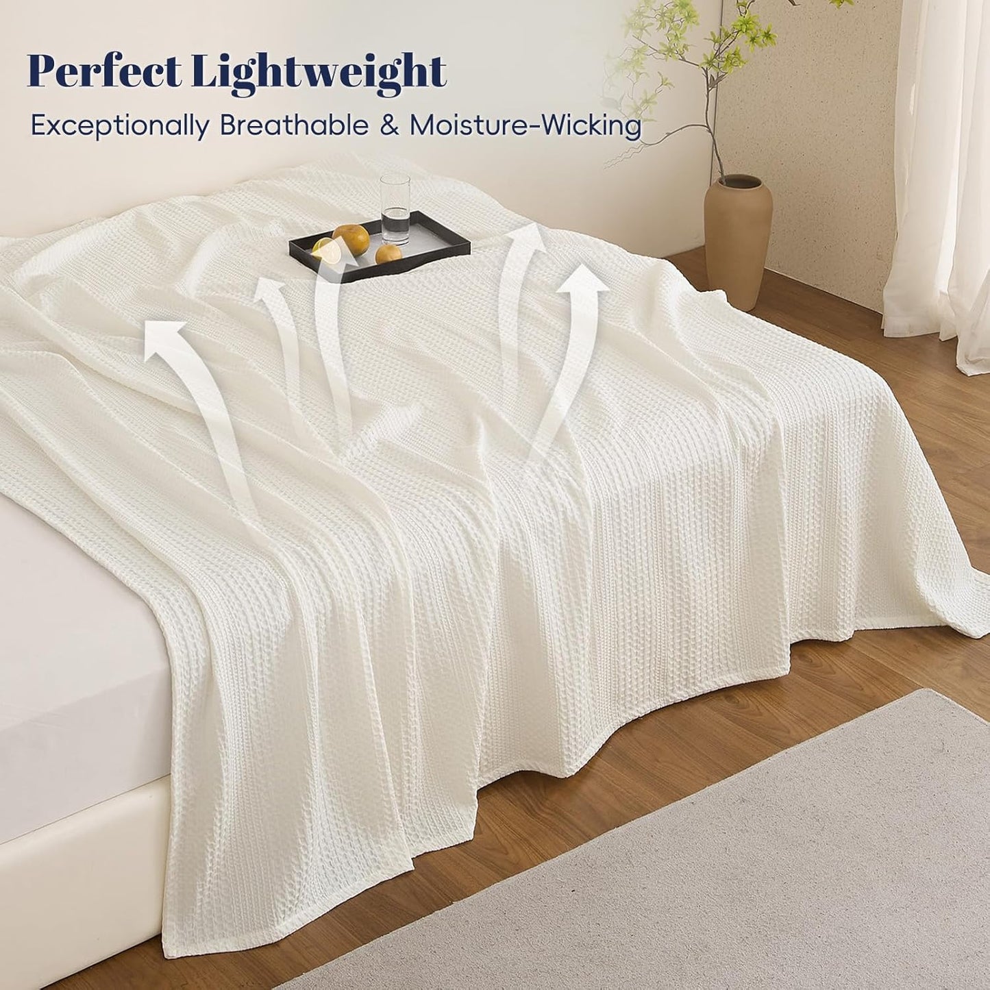 PHF Lightweight Waffle Weave Blanket Twin Size, Breathable & Ultra Soft, 66"x 90" Soft & Cozy Thin Blanket for All Season & Hot Sleepers, Bed, Home Decor - Coconut White