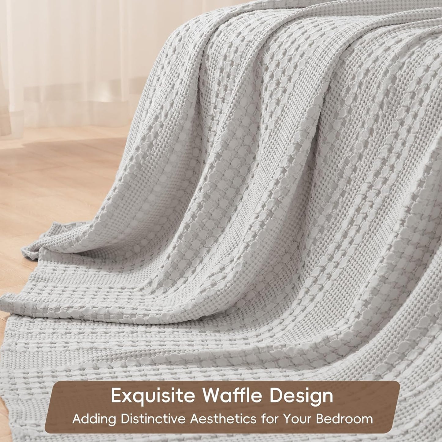 PHF 100% Cotton Waffle Weave Blanket Twin Size for Bed, Soft Lightweight & Breathable, All-Season Comfort, Luxury Aesthetic Woven Bedding for Home Decor, 66"x90", Light Grey