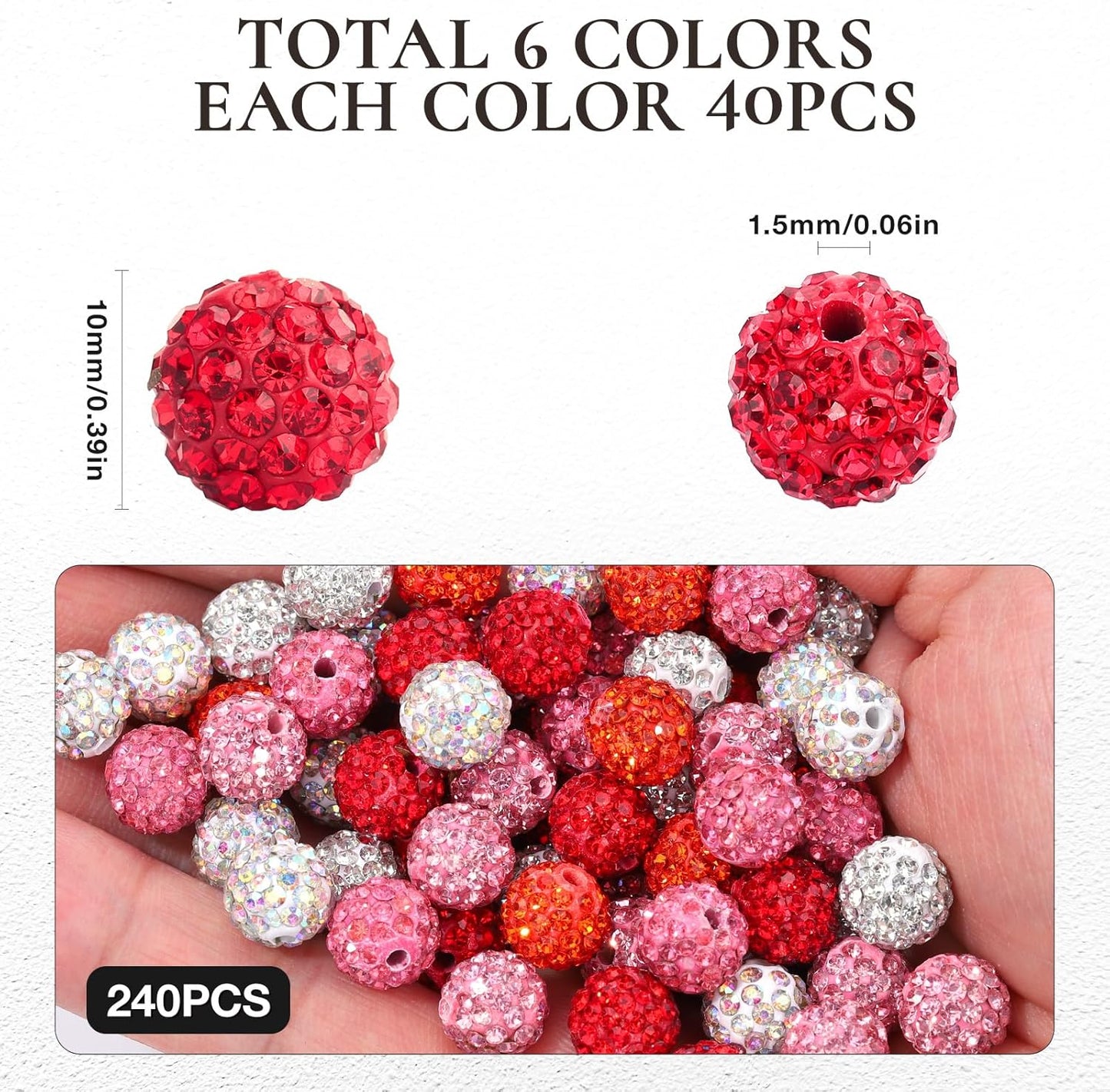 Novani 240pcs 10mm Pink Rhinestone Beads for Jewelry Making, Round Clay Beads with 1.8mm Aperture, Disco Ball Effect