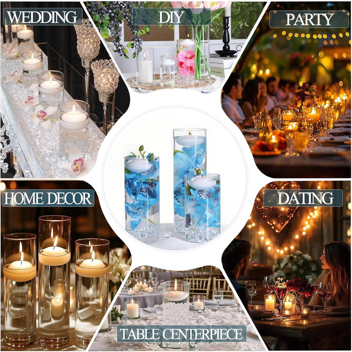 4 PCS Glass Vases for Centerpieces with 5 White Floating Candles 100 Fake Ice Acrylic Rocks Vases Fillers for Party Table Wedding Home Centerpieces Decoration