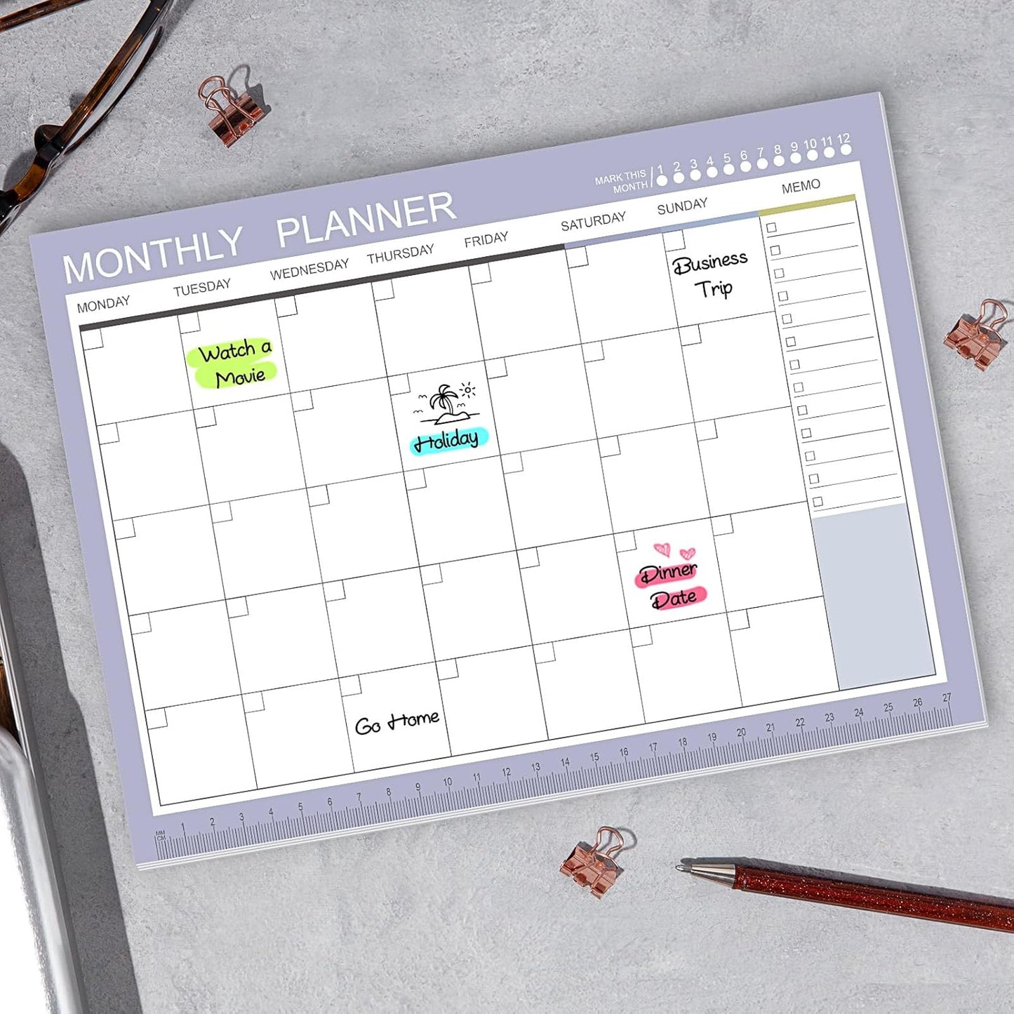 Phyxin Undated Planner, 54 Sheets Blank Calendar, 11.2" x 8.3" Monthly Calendar Planner, Tear Off Undated Monthly Planner with Memo for Women, Students, Teachers, Purple