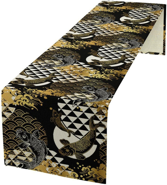Japanese Table Runner Oriental Tradition Kio Fish Gold Art Printed Burlap Runner Home Kitchen Dining Table Living Room Decor Fabric 1 Panel W13xL90in