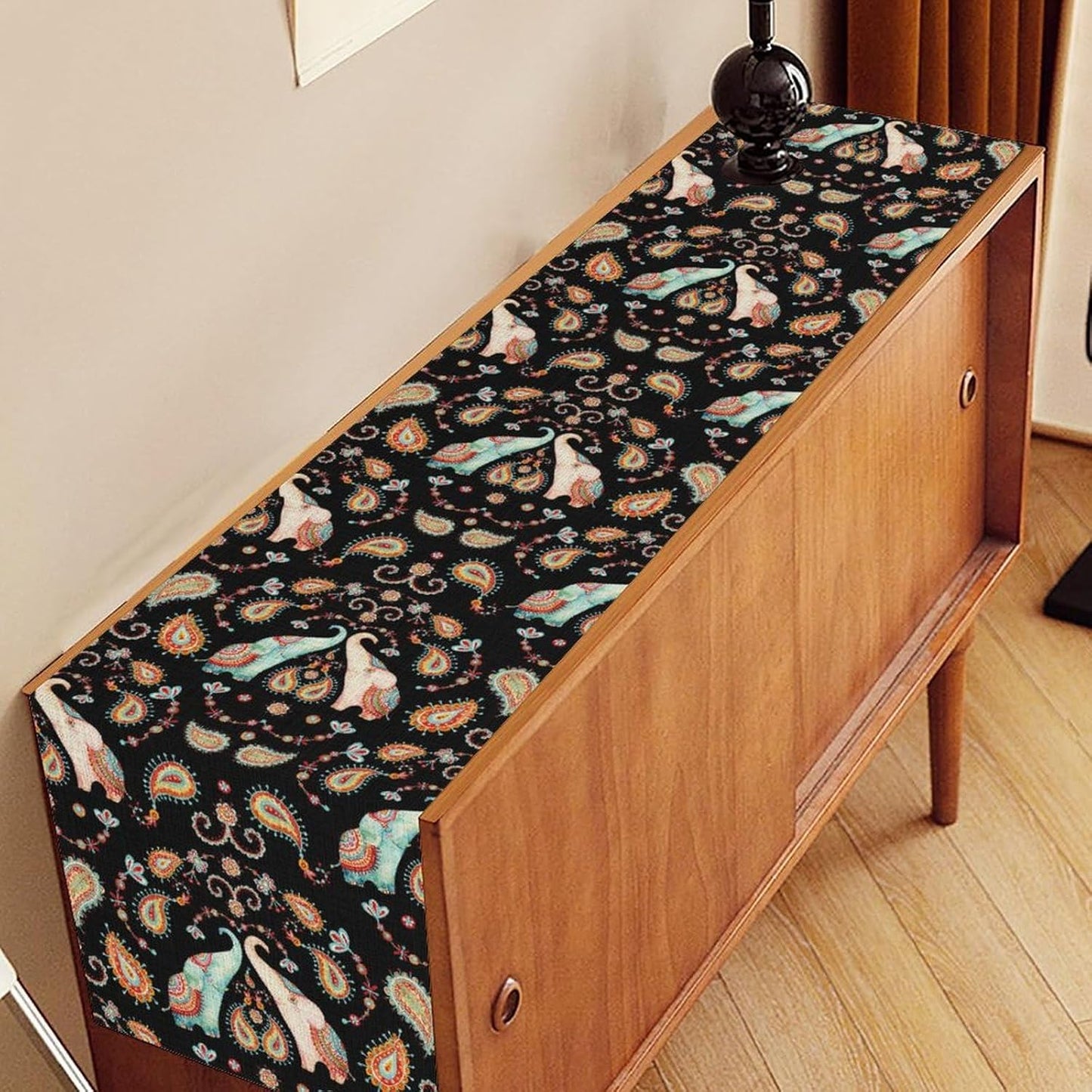 Boho Table Runner, Indian Bohemian Elephant Mandala Paisley Floral Hippie Art Print Table Center Decor for Home Kitchen Dining Patio Holiday Party Indoor Outdoor Table Decorations, 13"x36" Inch