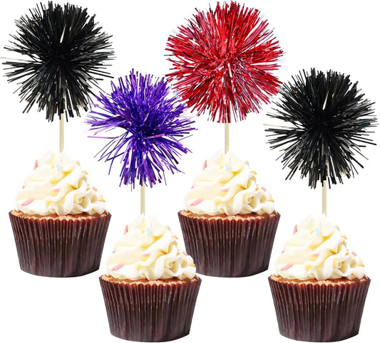Gyufise 30Pcs Foil Firework Cupcake Toppers Sparkle Tinsel Cake Toppers Tinsel Drink Cake Decoration Cocktail Picks for Halloween Birthday Wedding Graduation Party Supplies Purple Black Red
