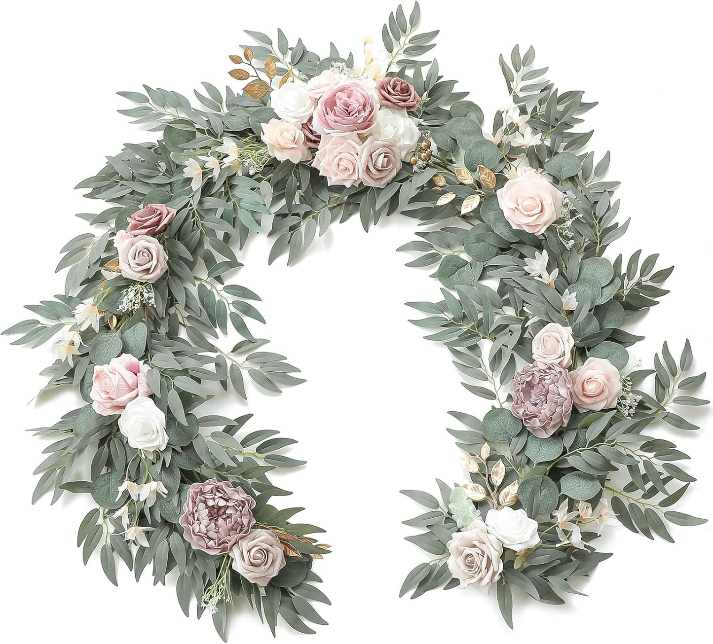 Floroom 6ft Artificial Eucalyptus Garland with Flowers Fake Greenery Faux Floral Vine Garland for Table Decor Wedding Centerpieces Bridal Shower Party Decorations, Garden Dusty Rose