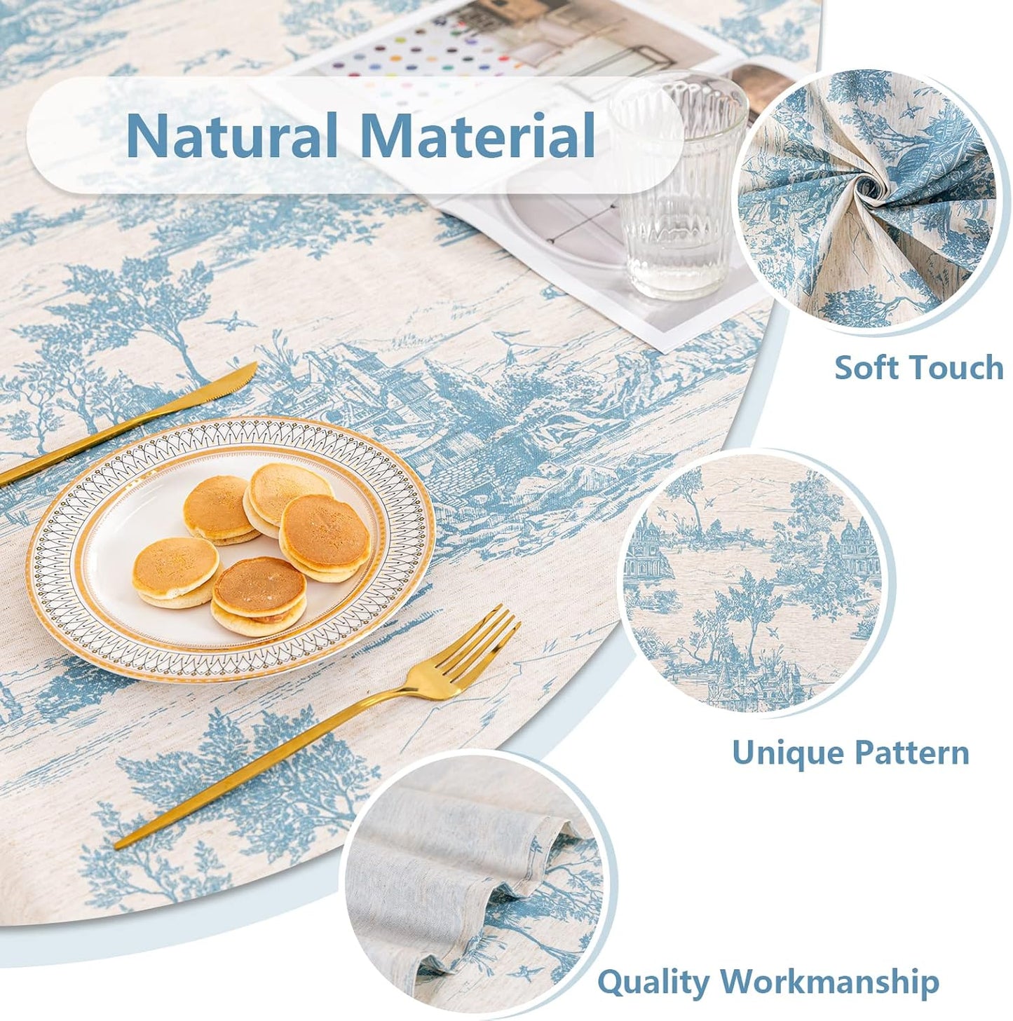 MYSKY HOME Linen Vintage Rectangle Tablecloth 60x120 Inches, Blue Castle Print Table Cloth for Dining Table I Tabletop I Parties/Outdoor I Spring/Summer Waterproof Fabric Farmhouse Tablecloth