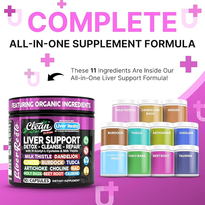 Clean Nutra Liver Cleanse Detox & Repair Supplement Milk Thistle, NAC, TUDCA, Dandelion Root, Artichoke, Choline, Ginger, Beet Root, Burdock, Taurine, Liver Resto 90 Capsules