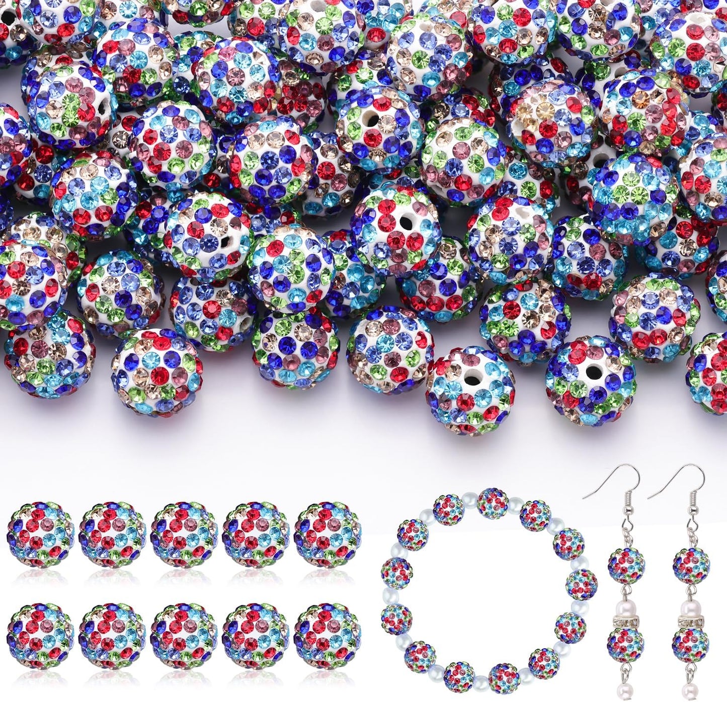 160pcs 10mm Rhinestone Beads for Jewelry Making, White Mixed Shiny Round Disco Ball Beads Bulk, Sparkle Crystal Clay Christmas for Bracelet Baseball Necklace Earring Crafting and DIY