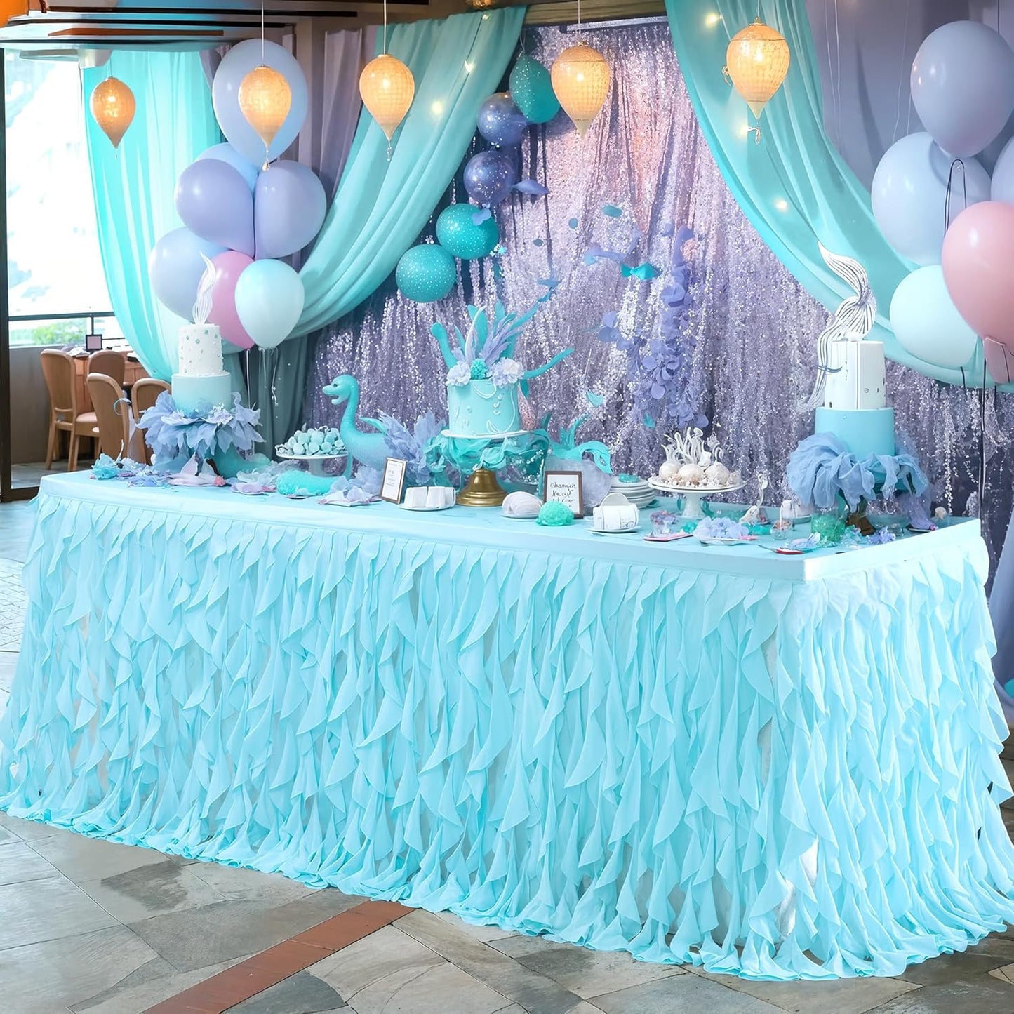 Partisky Aqua Blue Tulle Curly Willow Table Skirt for Rectangle Table 6ft, Ruffle Tutu Table Cloth for Boys Baby Shower,Birthday Party Candy Cake Tables