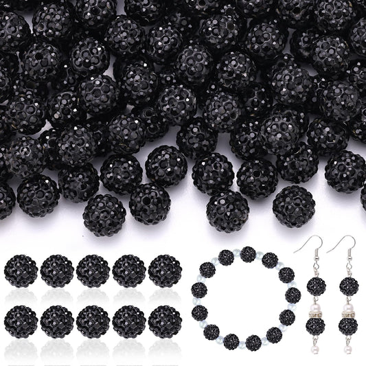 105pcs 10mm Rhinestone Beads for Jewelry Making, Black Shiny Round Disco Ball Beads Bulk, Sparkle Crystal Clay Christmas for Bracelet Baseball Necklace Earring Crafting and DIY