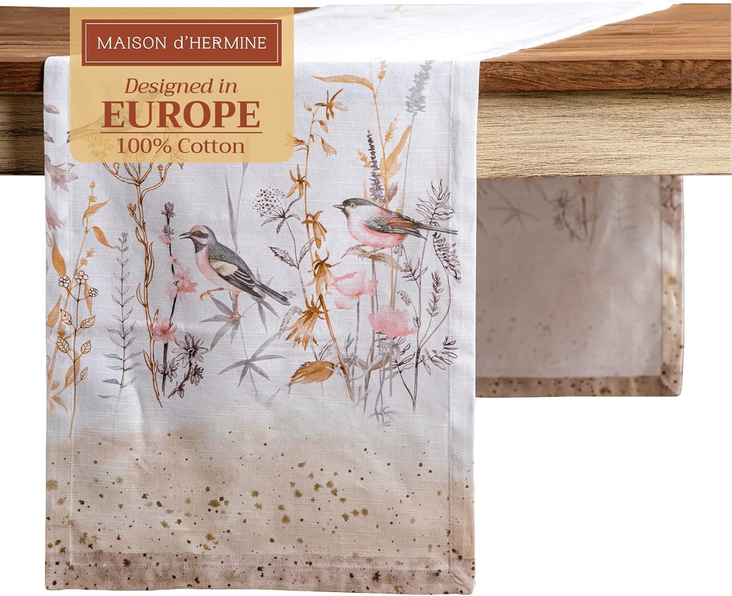 Maison d' Hermine Table Runner 100% Cotton Single Layer Table Runners 108 inches Long Decorative for Home Dining Party Wedding Bridal Shower Spring Summer (Meadow Florals - Beige, 14.50" x 108")